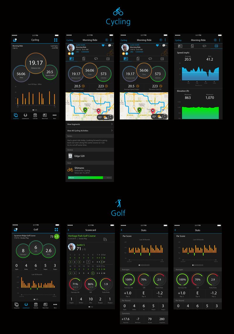 Garmin Connect 3.0 Screens Golf Cycling