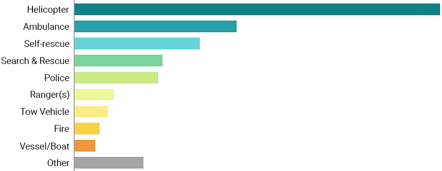 Horizontal bar chart showing the types of responses dispatched for incidents this year. 'Helicopter' is the most frequent, followed by 'Ambulance' and 'Self-rescue'.